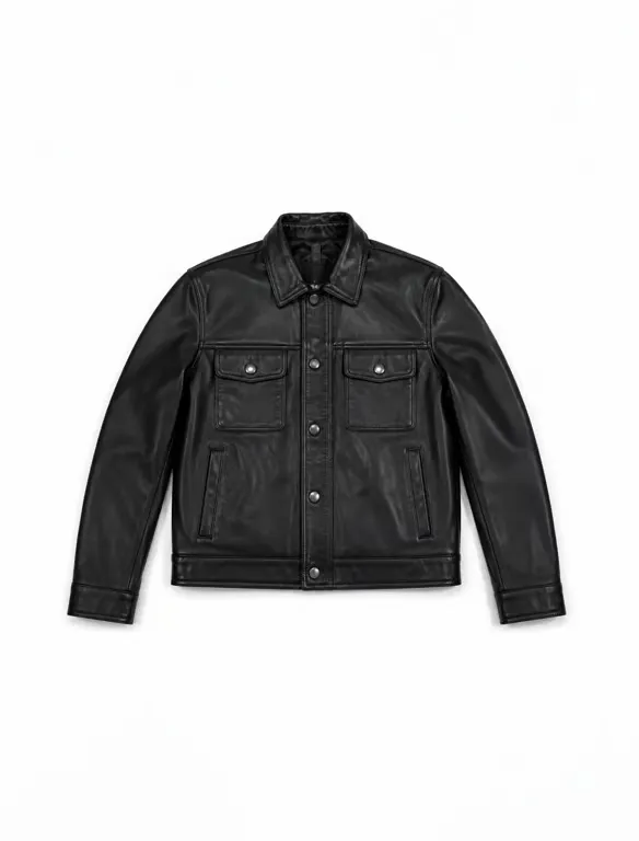 Classic Black Leather Trucker Jacket _ Unisex Button-Front Shirt Collar Jacket Classic Black Leather Trucker Jacket | Unisex Button-Front Shirt Collar Jacket - Image 1
