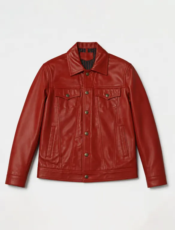 Classic Red Leather Trucker Jacket _ Men's Button-Front Shirt Collar Jacket (4) Classic Red Leather Trucker Jacket | Men's Button-Front Shirt Collar Jacket - Image 1